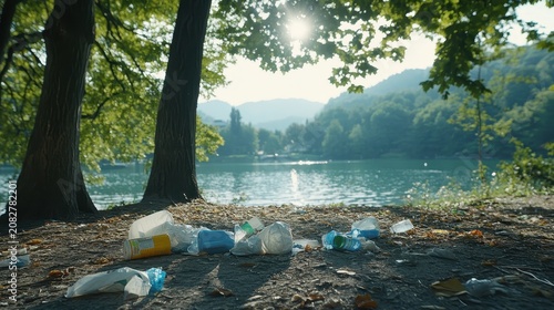 Plastic waste scattered on the shore of a scenic lake with mountains and trees in the backdrop under bright sunlight