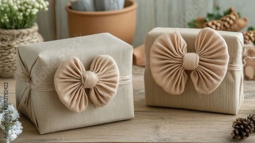 Two handmade gifts wrapped in rustic beige paper with large fabric bows sitting on a wooden table
