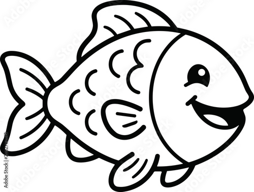 Smiling cartoon fish line art illustration.