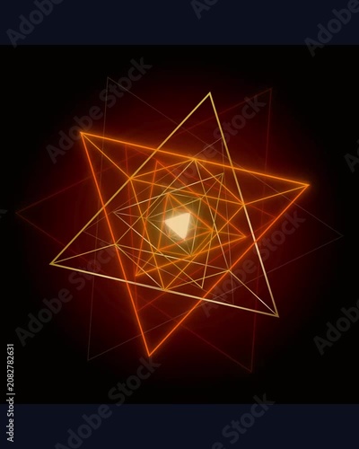 Glowing orange neon nested geometric star shapes rotating continuously against a solid black background