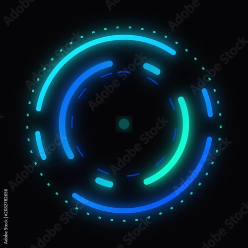 Animated glowing blue and cyan circular futuristic hud interface elements rotating on black background