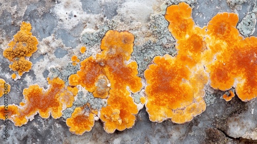 Vibrant orange lichen growing on a textured grey rock surface, showcasing intricate natural patterns and organic detail.