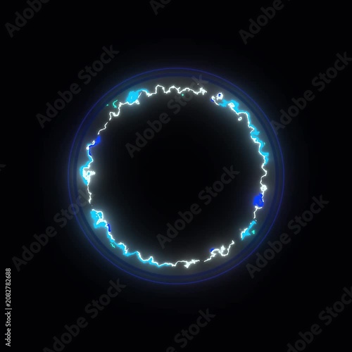 Animated glowing blue electrical energy lightning circle ring pulsing on a solid black background