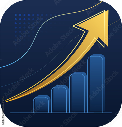 Golden upward arrow above blue bar chart on dark rounded square background representing business growth, financial success, revenue increase and economic progress vector illustration