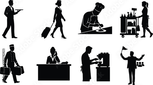 Фотография Hospitality and tourism industry professions silhouette set featuring waiter fli