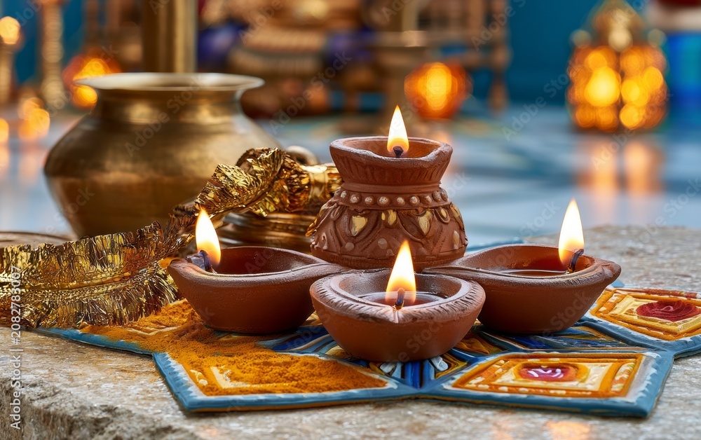 Fototapeta premium Traditional Brass Oil Lamps Illuminate Colorful Altar with Diwali Diyas