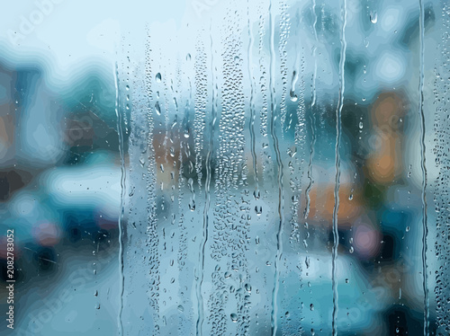 Obraz na płótnie Abstract vector illustration of raindrops on a glass window with a blurred blue