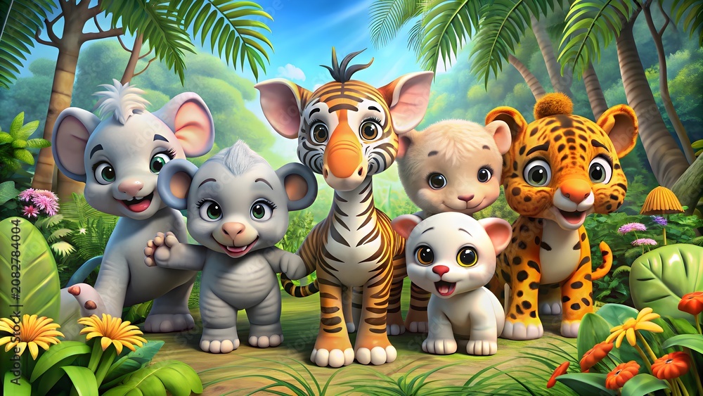 Fototapeta premium Group of cartoon jungle animals posing together in a lush forest
