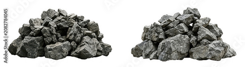 Two piles of dark gray granite rocks isolated on transparent background
