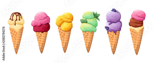 A set of brightly colored ice cream cones on a white background. Summer dessert. Vector illustration.