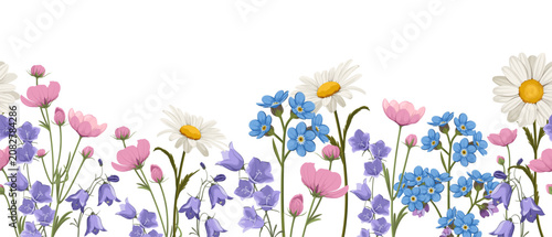 Horizontal banner with wildflowers. Forget-me-nots, daisies, and bluebells. Vector background.
