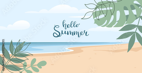 Hello Summer beach scene with tropical foliage illustration