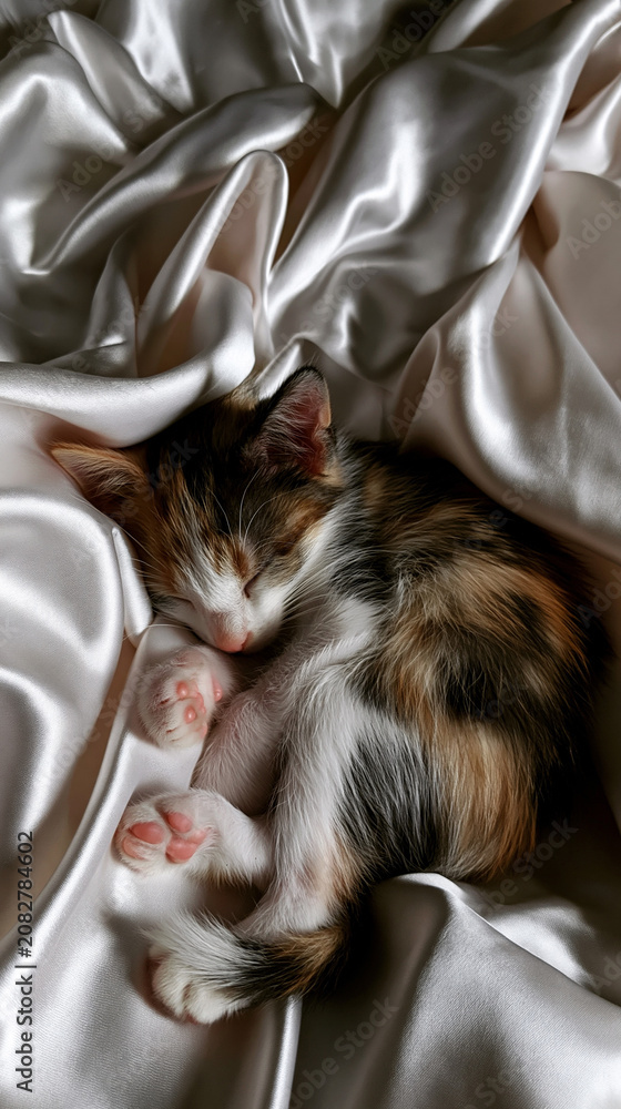 Naklejka premium sleeping calico kitten curled up on cozy bed, adorable fluffy calico cat resting peacefully indoors, cozy closeup of sleeping tricolor kitten on soft bedding