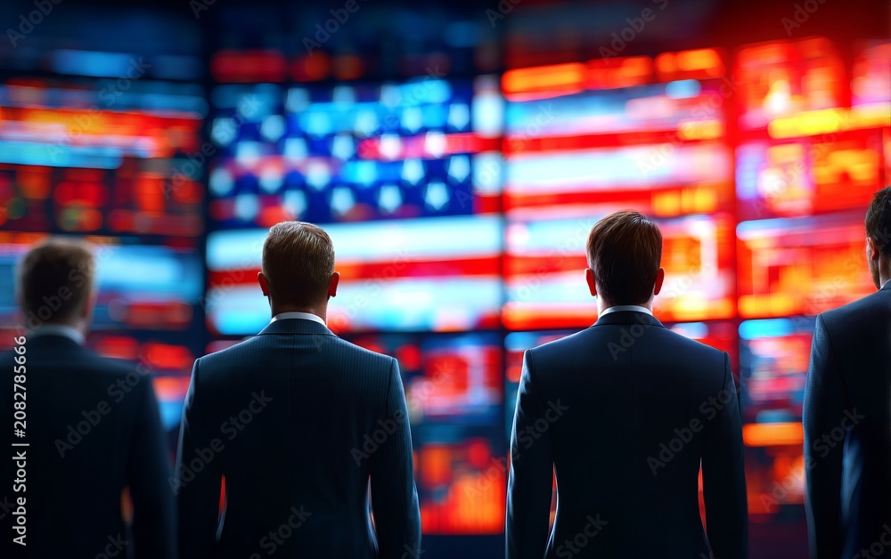 Fototapeta premium Election Security Team Analyzing Data on Digital Screens with Flags