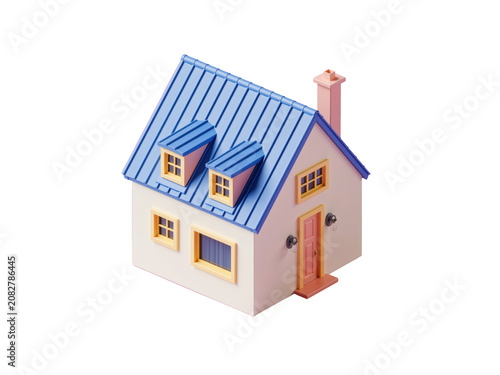 Cartoon house 3d model with blue roof, isolated on transparent background