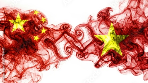 National Day Abstract flowing smoke shapes forming national flags of China and Vietnam swirling together on clean white background studio shot