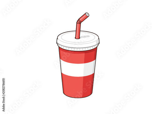 Red disposable soda cup with a drinking straw, isolated on transparent background