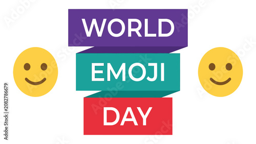 Photos Smiley faces flank stacked colorful banners featuring the text World Emoji Day for a clean graphic design layout