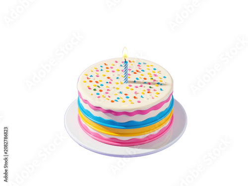 Birthday celebration cake with lit candle and sprinkles, isolated on transparent background