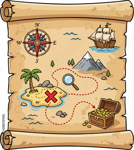 Vintage Pirate Treasure Map Scroll with X Mark, Compass Rose, Sailing Ship, Palm Tree Island, Mountain, Magnifying Glass, and Gold Treasure Chest Cartoon Vector Illustration