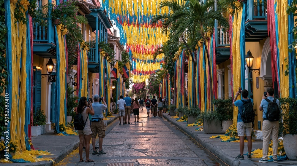 Obraz premium Travelers on Decorated Colombian Colonial Street