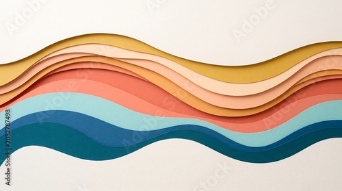 Abstract wavy paper art background with gentle shadows, showcasing elegant layers of colorful flowing curves and smooth textures for a serene visual experience