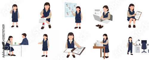 Set of illustrations of a little girl acting as an HR manager and office professional in various business scenarios