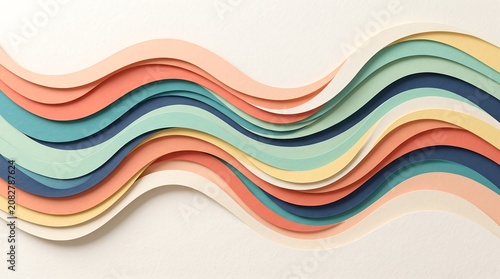 Abstract pastel color 3D paper cut wave background with soft shadows, retro flowing curved layers, elegant textured design for creative banner