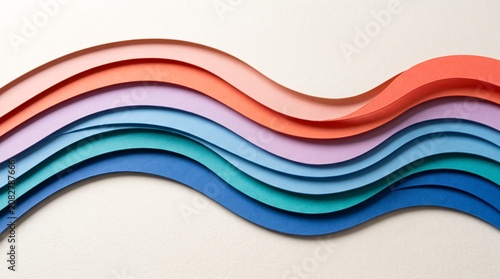 Layered Abstract Paper Waves Featuring Vibrant Multi-Colored Curves Creating A Sophisticated Three-Dimensional Aesthetic With Soft Drop Shadows