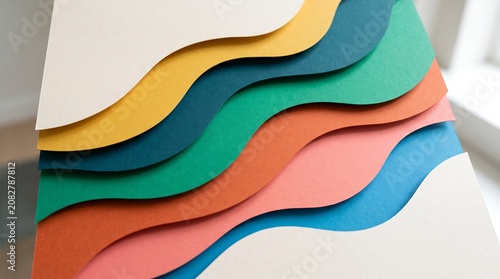 Abstract background featuring layered colorful paper sheets cut in fluid wavy shapes with soft shadows creating a modern three dimensional effect