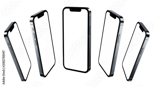Photography Multiple smartphones with blank screens angled on white