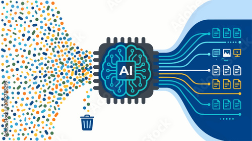 Fotografía Flat Vector Illustration of AI Processing Data, Filtering Random Dots into Organ