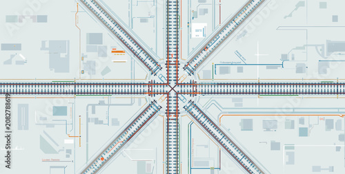 An intricate, abstract, top-down view of a complex railway junction with multiple intersecting tracks and a futuristic, technological aesthetic.