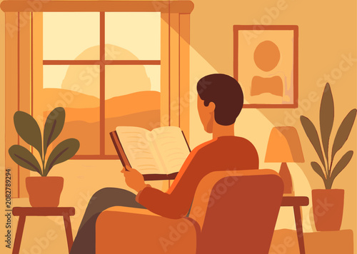 Konstfotografi A man sits comfortably in an armchair by the window, engrossed in reading a book as warm sunlight streams in