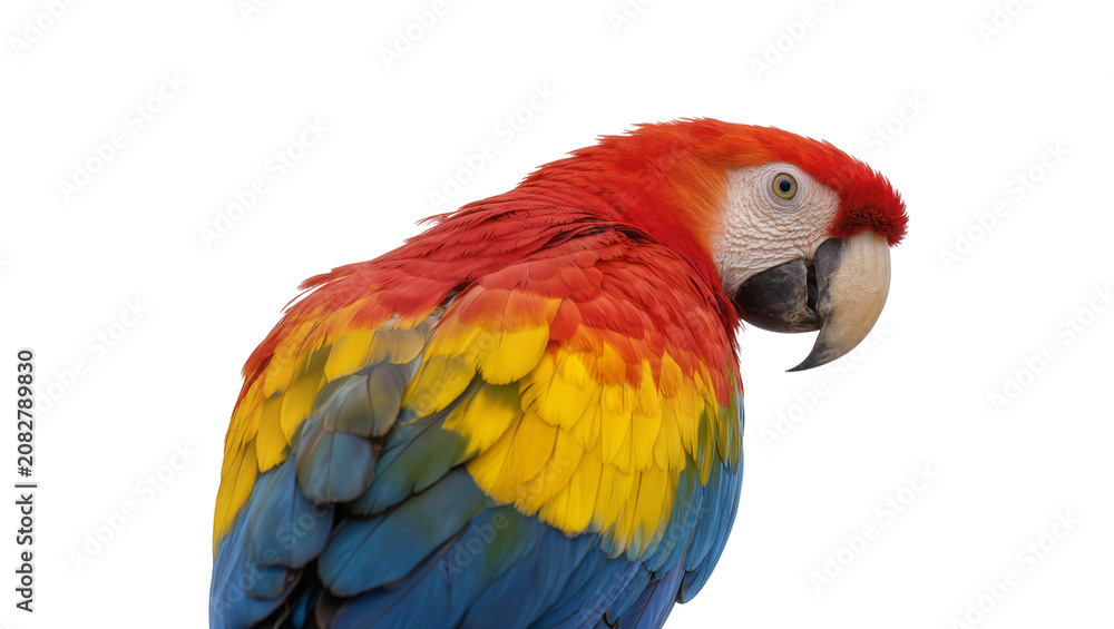 Obraz premium Scarlet Macaw parrot with vibrant red yellow, and blue feathers
