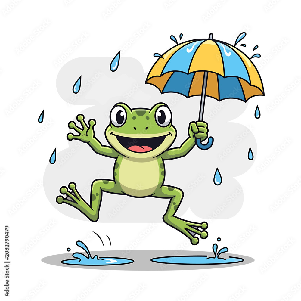 Obraz premium Cartoon Frog Holding Colorful Umbrella.