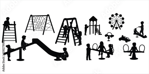 Konstfotografi Silhouettes of children playing on playground equipment and rides kids