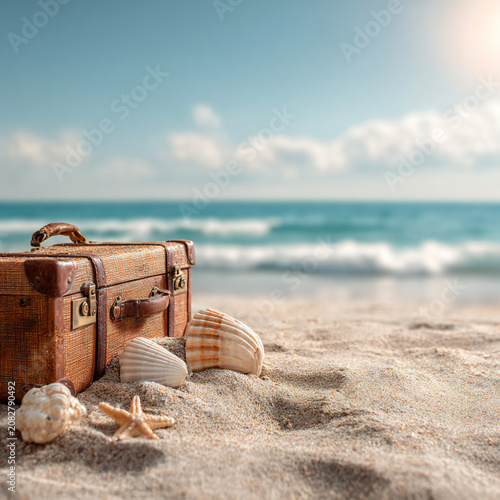 Summer vacation travel trip planned concepts background, Holiday event for traveling around the world, beautiful nature sand, sunlight, ocean water