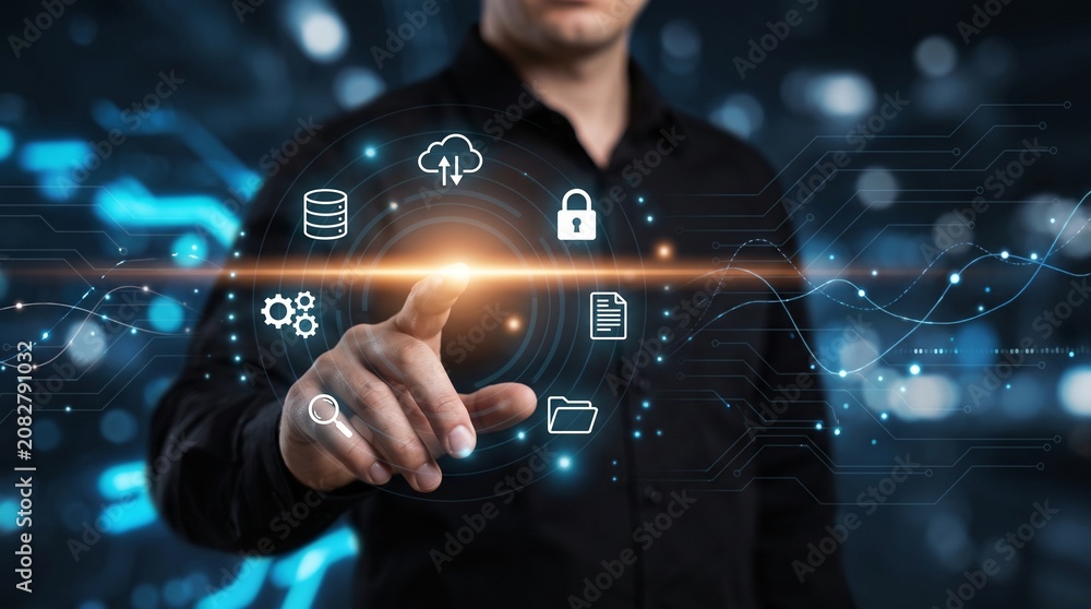 Fototapeta premium Professional hand interacting with circular digital menu featuring cloud storage and database security symbols for efficient business operations