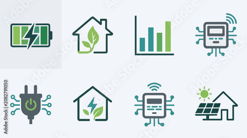 Smart home energy management and eco friendly power tracking icons