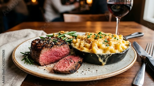 Steak and macaroni cheese on a plate with a glass of wine on a wooden table in a restaurant