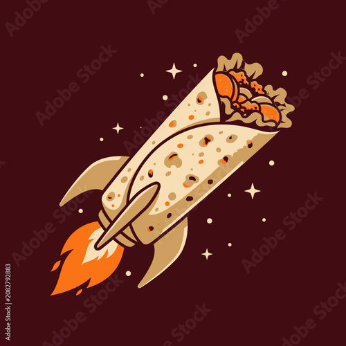Cartoon burrito space rocket flying with fire.
