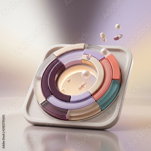 Circular segmented tray with scattered pills, abstract representation of medication or healthcare