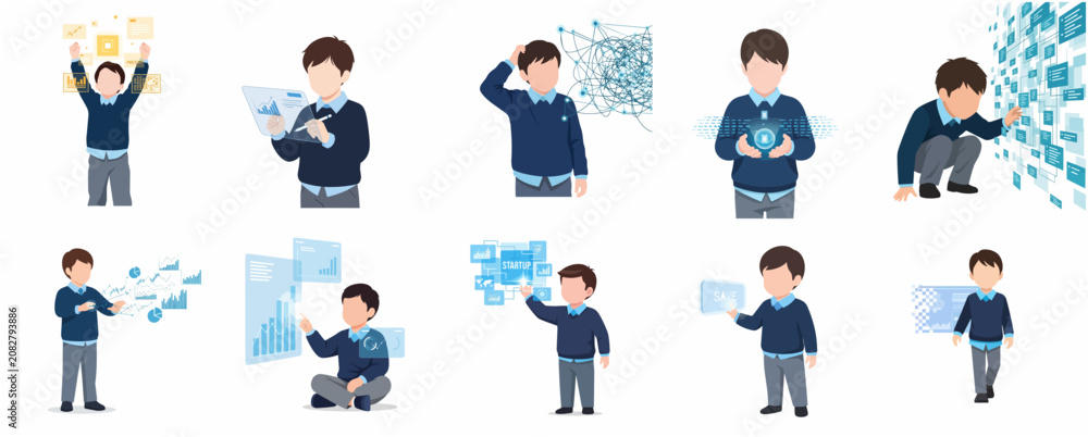 Fototapeta premium Young Boy Interacting with Digital Technology Interfaces and Business Data Visualization Set