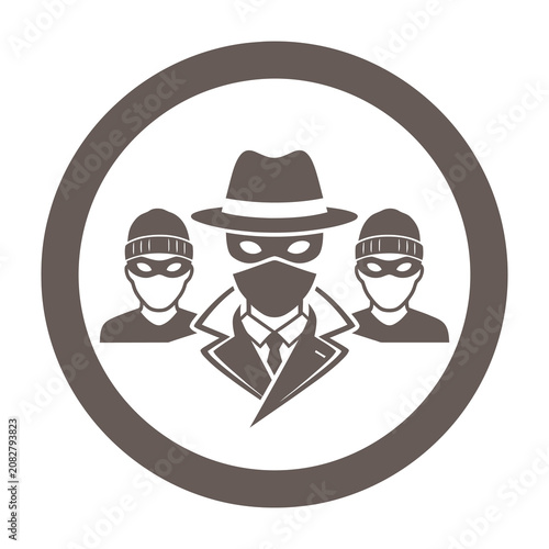 Quadro su tela Three masked men in a circle with one wearing a hat and suit