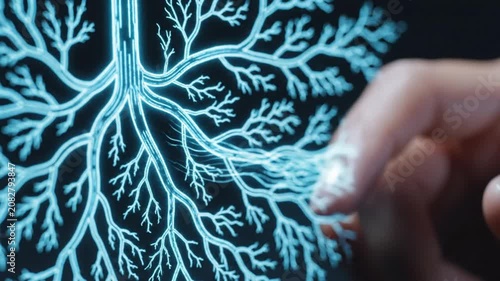Futuristic Biometric Fingerprint Scan Activating Digital Neural Network and Data Nodes