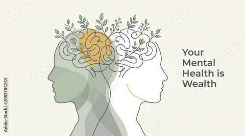 World Mental Health Day Two human profiles facing away with brain tree growth illustrating your mental health is wealth concept for awareness campaigns