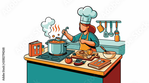 Chef in kitchen cooking soup from recipe book and fresh vegetables