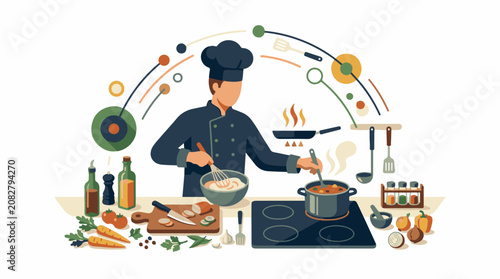 Chef in kitchen prepares meal with fresh ingredients and cookware