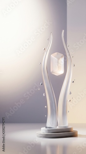 Abstract sculpture resembling open hands holding a glowing geometric cube